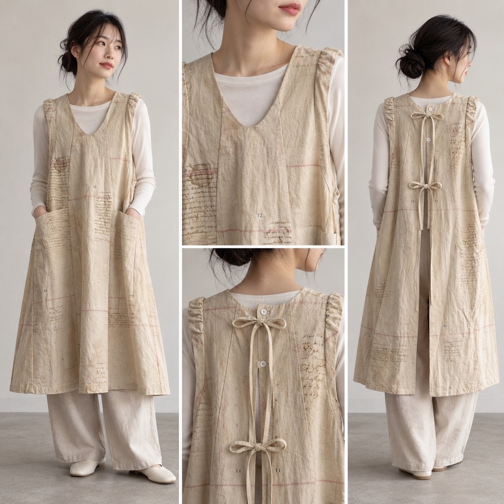 Gasa* Script Print Midi Dress Womens S/M Cream Mori Kei Cotton Back Tie Japan